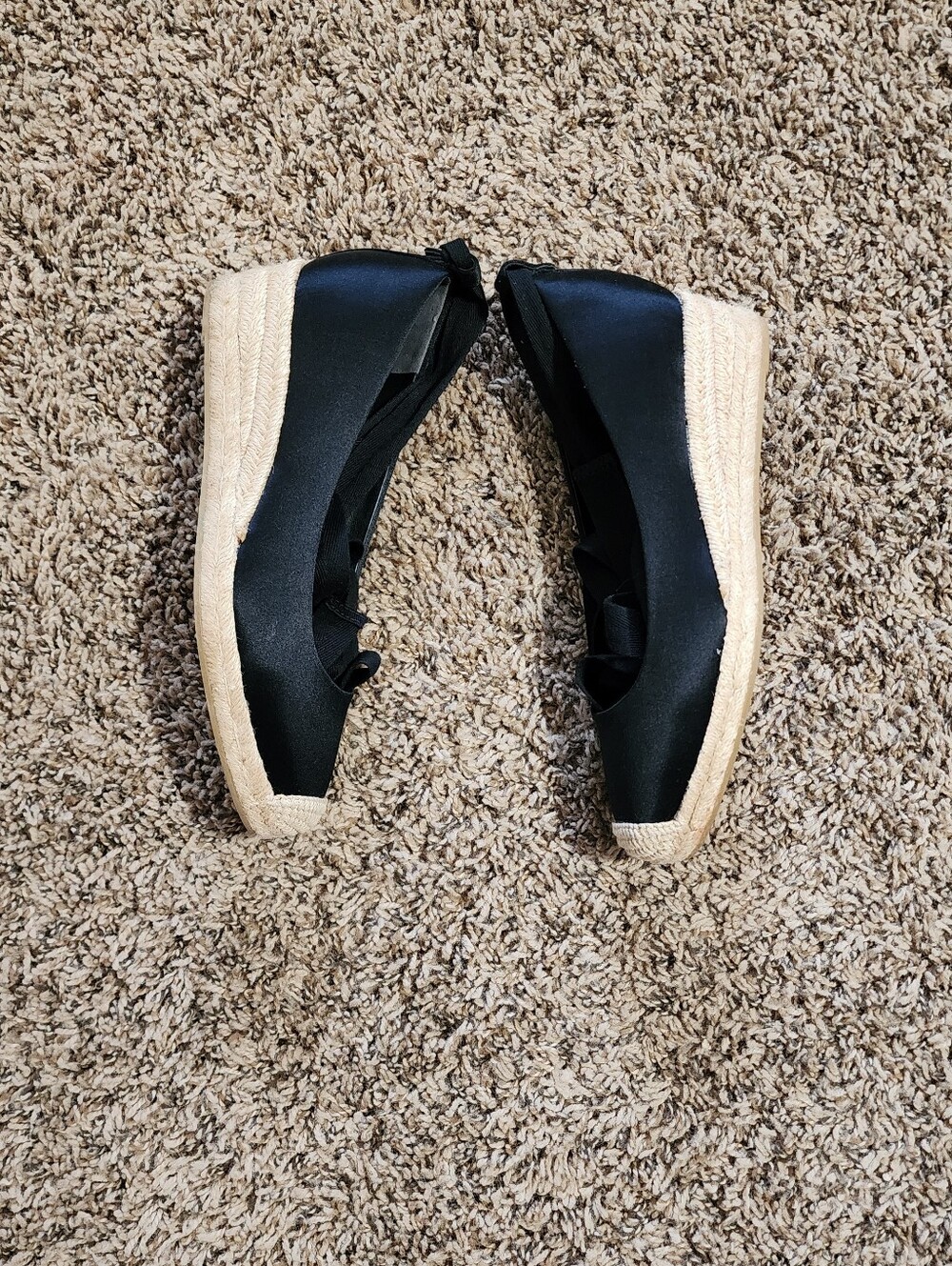 Tory Burch Black Satin Lace Up Espadrille Wedges Flats Size 7 Preppy - Picture 6 of 10